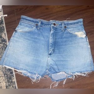 Wrangler lightly distressed, light wash denim shorts
